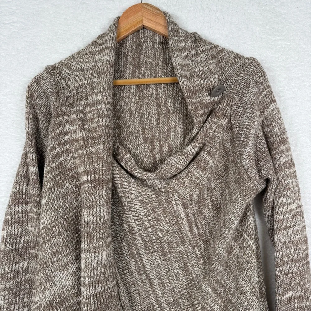 Unbranded Brown Marled Fringe Asymmetric Button Drape‎ Knit Cardigan Sweater